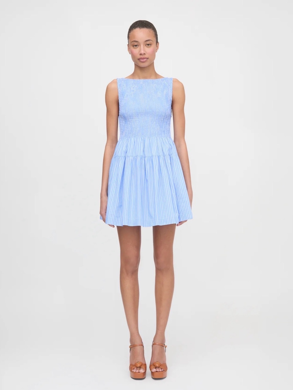 Hill House Pale Blue Striped Smocked Mini Dress